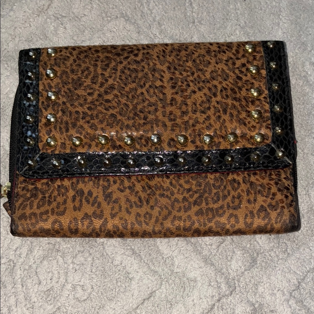 Brown and Black Leopard Print Clutch with Studded Trim